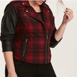 Torrid Red Black Plaid Mixed Fabric Moto Jacket 1X 14 16 #11099941